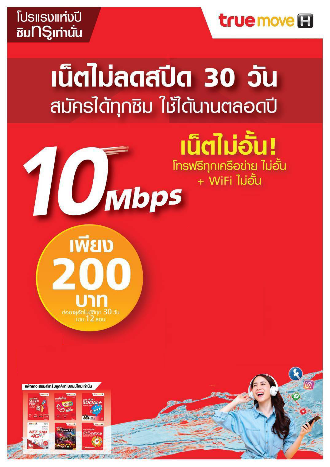 สมัครเน็ตทรู 200 บาท 30 วัน ไม่ลดสปีด รายเดือน 10 Mbps