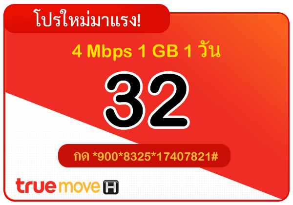 สมัครเน็ตทรู 32 บาท รายวัน 24 ชั่วโมง 4 Mbps