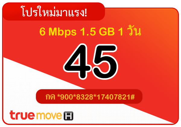 สมัครเน็ตทรู 45 บาท รายวัน 24 ชั่วโมง 6 Mbps