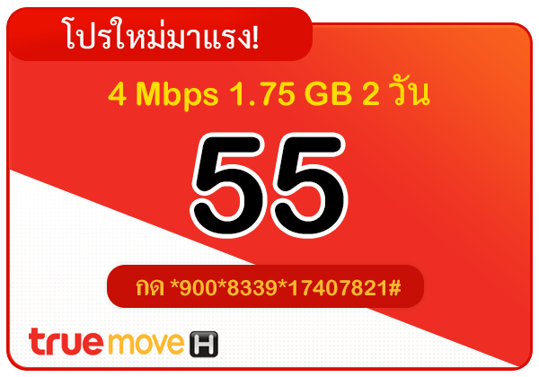 สมัครเน็ตทรู 55 บาท 2 วัน 48 ชั่วโมง 4 Mbps