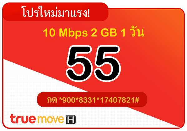 สมัครเน็ตทรู 55 บาท รายวัน 24 ชั่วโมง 10 Mbps