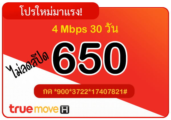 สมัครเน็ตทรู 650 บาท รายเดือน 30 วัน ไม่ลดสปีด ความเร็ว 4 Mbps