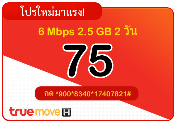 สมัครเน็ตทรู 75 บาท 2 วัน 48 ชั่วโมง 6 Mbps